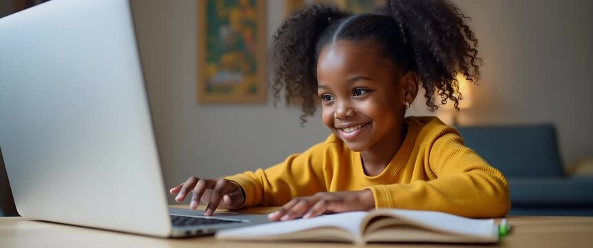 Cute African girl participates in distance learning via virtual online class video conference call with teacher tutor and peers studying together at home on computer concept as Cute African girl parti