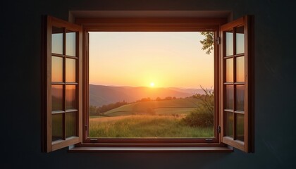 Fototapeta premium Open wooden window reveals golden sunrise over green rolling hills. Peaceful morning light shines on distant farmland and meadows. Fresh rural landscape framed by window panes.