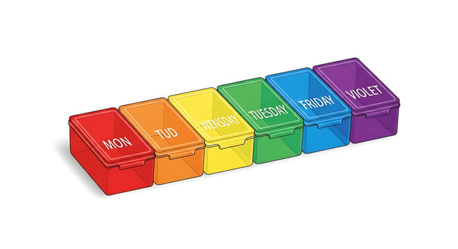 A colorful weekly pill box with labeled days of the week for medication organization