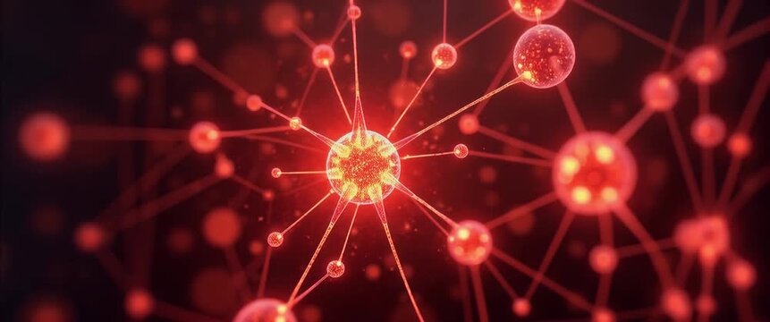 Glowing red molecular structure pulses with energy, as the camera slowly pans, capturing dynamic connections and ambient flickering lights in a cinematic, futuristic style.