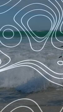 Vertical video: Surfer stepping in surf as waves grow, fixing leash under overlay for surfing