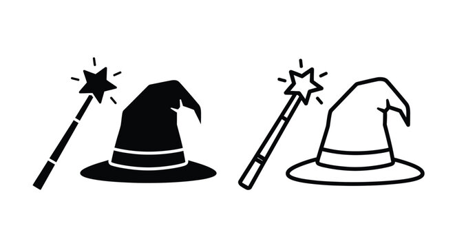 Two sets of black and white wizard hats and magic wands