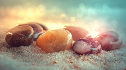 Fototapeta premium Smooth polished river stones arranged in soft sand with warm light