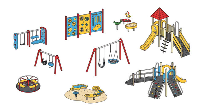 A colorful vector illustration of various playground equipment on a white background