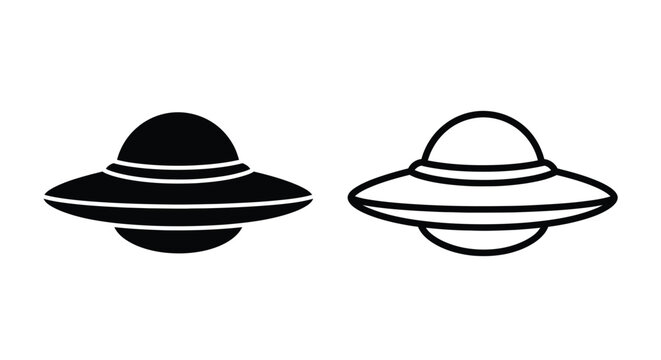 Two black and white illustrations of classic flying saucer ufos