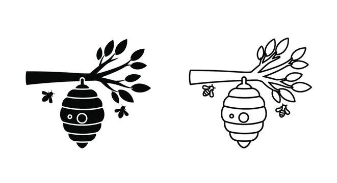 Two black and white illustrations of beehives with bees flying around