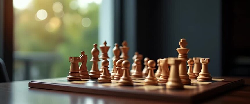 Elegant chess pieces poised on a board, gentle sunlight streaming through a window, camera slowly panning across the scene, creating a serene, cinematic ambiance with strategic focus.