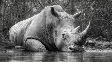 Naklejka premium Majestic Rhinoceros Drinking Water in a Grayscale Natural Setting, Showcasing its Thick, Wrinkled Hide