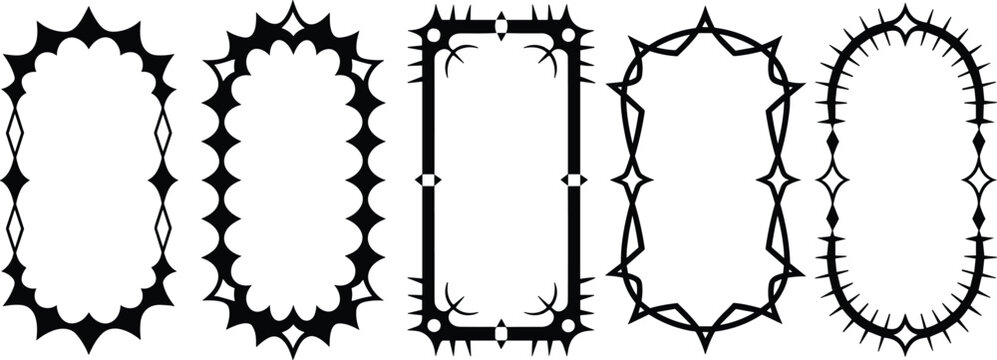 Five decorative frames with intricate black and white patterns and sharp edges