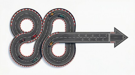 Obraz premium Detailed racing track with multiple loops and turns leading to arrow finish direction. Concept of race strategy, endurance challenge, competitive progression, track complexity, motorsport performance.
