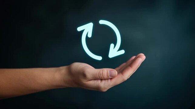 Human palm holding simple refresh arrow hologram 