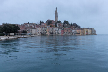 Fototapeta premium Rovinj old town panorama with church of st. Euphemia bell tower