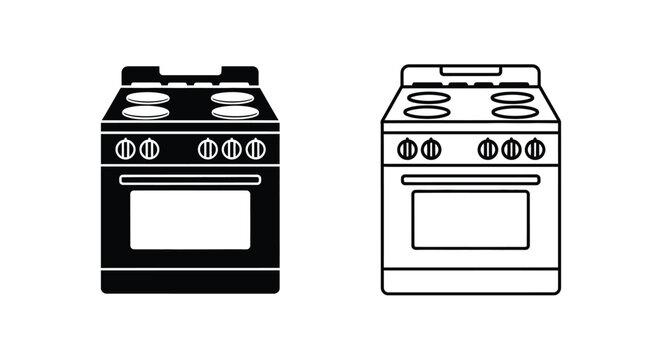 Two black and white illustrations of modern electric cooking ranges with ovens