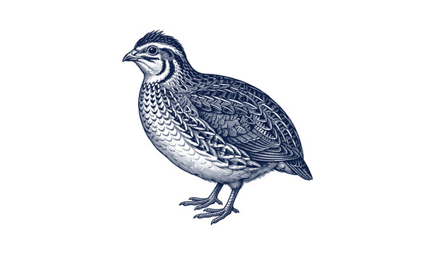 Detailed monochrome illustration of a quail in profile view