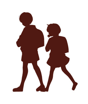 並んで歩く男女の児童　シルエット