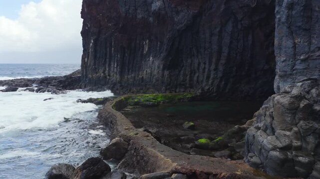 Aerial Panoramic View Pristine Rock Pool La Laja El Hierro Canary Islands Spain Natural Pool Volcanic Coastline