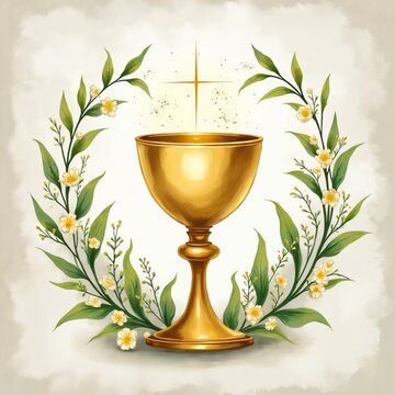 Golden chalice with cross symbol above and floral wreath. Represents religious sacrament, purity, and holy union. Symbol of faith, blessing, and spiritual journey for first communion.