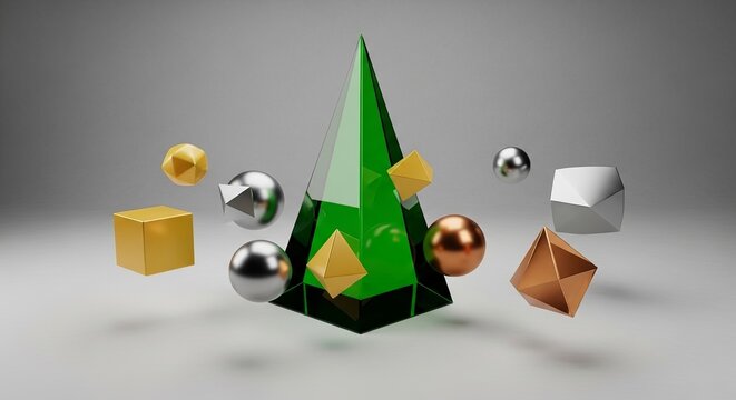 A 3D rendering of geometric shapes in various colors and sizes floating in mid-air