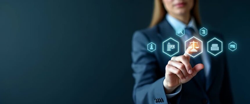 Business professional in a suit extends hand as digital icons hover, with a cinematic camera pan and ambient light flicker, symbolizing innovation and technology in a modern corporate setting.