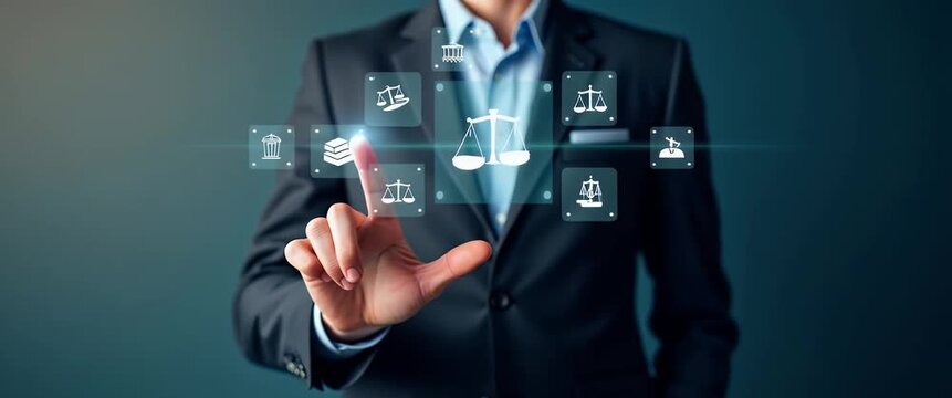 Business professional in a suit extends hand as digital icons hover, with a cinematic camera pan and ambient light flicker, symbolizing innovation and technology in a modern corporate setting.