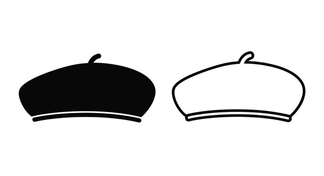 Two berets displayed one solid black the other a line drawing