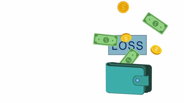 Financial Loss, Overspending, Debt, inflation, or economic instability. dollar bills and coins flying out of  wallet flat design animation.