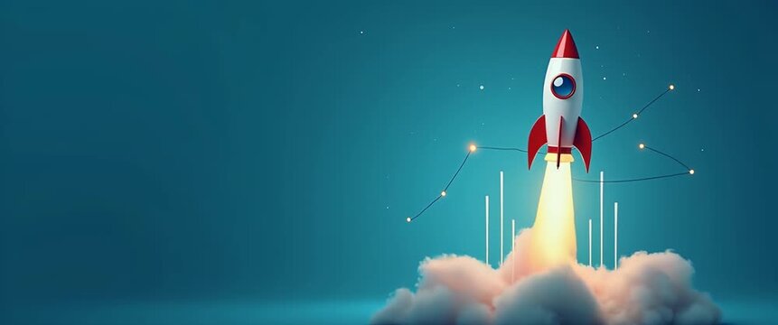 Playful rocket launches amidst glowing clouds with gentle camera pan, capturing the essence of innovation and exploration in a vibrant, cartoon-style scene.