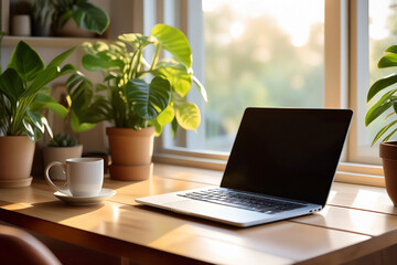 Fototapeta premium Sunlight fills a workspace with plants and a laptop near a coffee cup in a home setting during morning hours