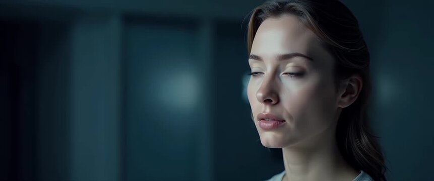 Woman gazes thoughtfully in soft light, subtle camera pan reveals serene ambiance, cinematic style enhances introspection, perfect for emotional storytelling and branding.