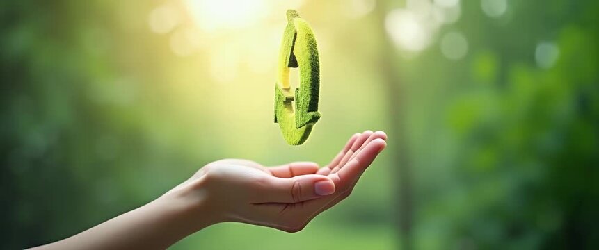 Hand gently cradles a glowing recycling symbol in a lush, sunlit forest; camera slowly pans, capturing soft light flickers and swaying leaves, in a serene, cinematic style.
