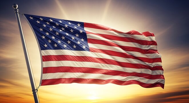 American flag waving in the wind at sunset