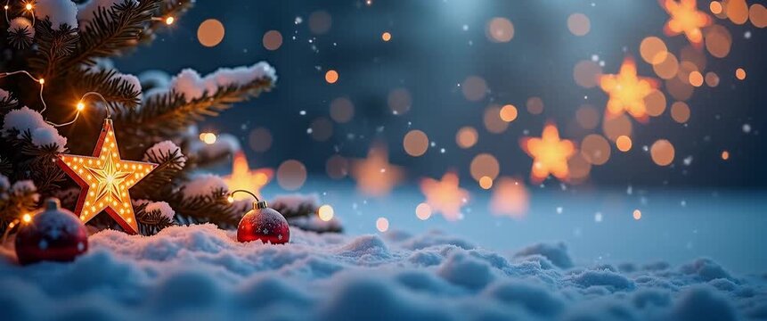 Festive Christmas tree adorned with glowing ornaments and twinkling lights, gently swaying in a snowy winter wonderland; slow cinematic pan captures serene holiday ambiance.