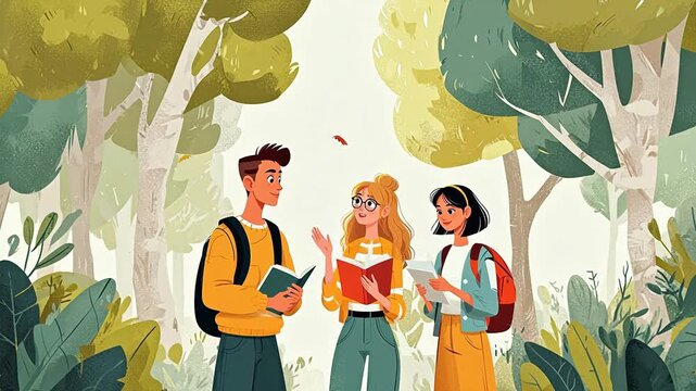 Three people reading books in a forest