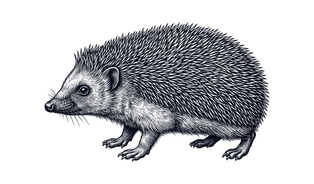 Detailed black and white illustration of a hedgehog with spiky quills