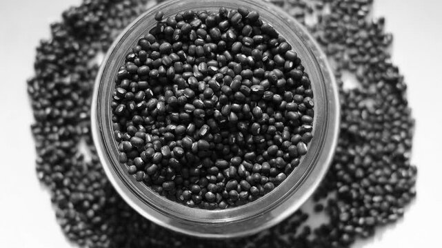 Black Lentil/ masoor dal filled in glass bowl table top spin isolated on white background.