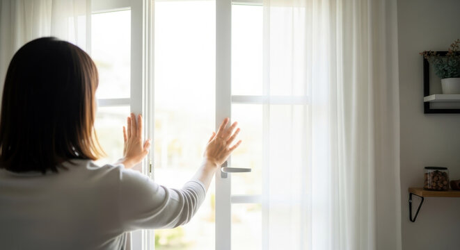 This is a woman opening a window to ventilate the room.