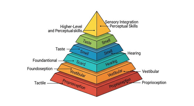 A colorful pyramid illustration representing the different levels of sensory integration and perceptual skills