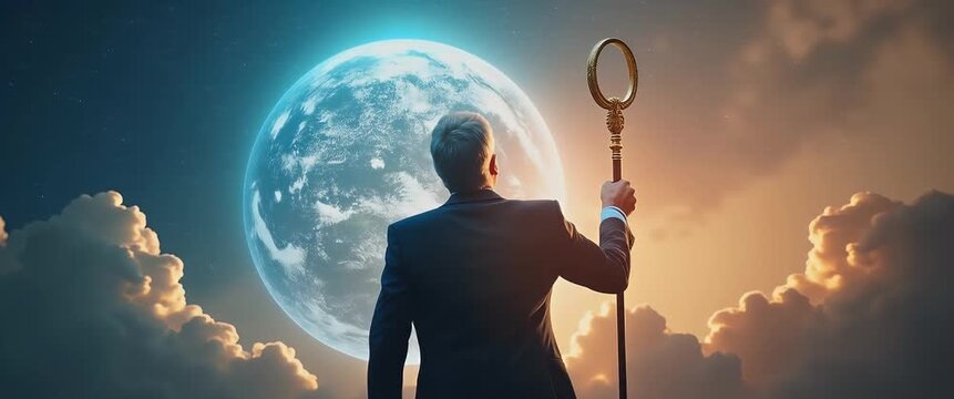 Photo realistic as Chairman with World and Scepter concept as An image of a chairman with the world and scepter set against a dreamy background offering ample space for text or graphics symbolizing co