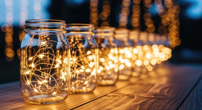 Warmly lit mason jars with fairy lights on a wooden table