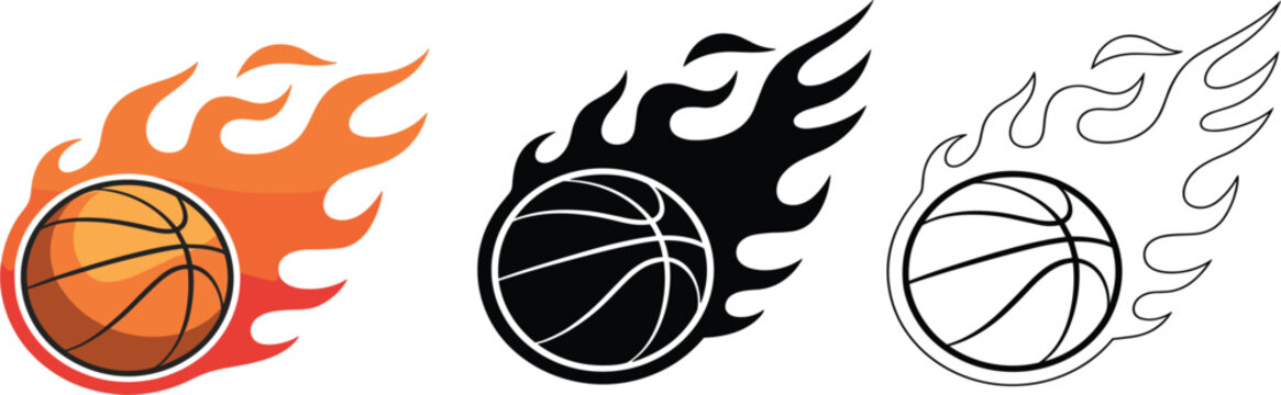 Basketball fire vector set, flaming sports ball icons with silhouette and outline for team branding