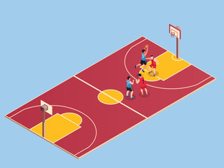 Basketball Court with Players in Action, Professional Match Scene 3d isometric vector illustration © Creativa Images
