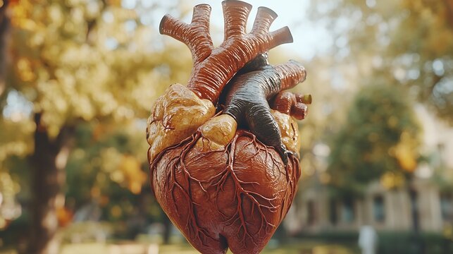 Realistic human heart model on a blurred autumnal park background.