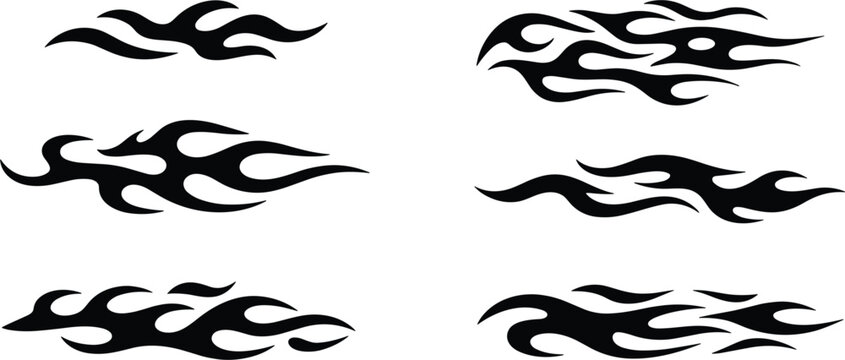 Tribal flame vector set, black fire silhouette decals for car racing graphics and tattoo design
