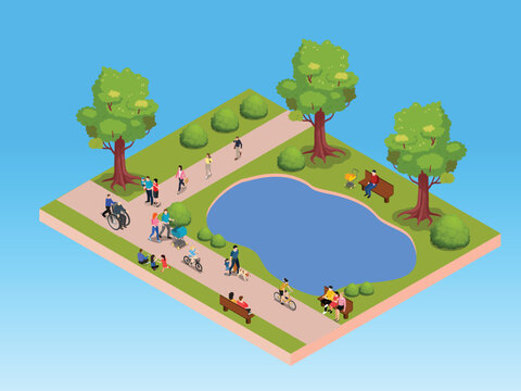 Public City Park with Diverse People Relaxing and Pond 3d isometric vector illustration