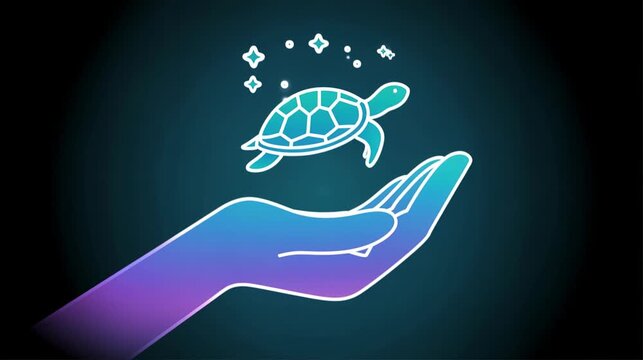 Human palm holding turtle icon hologram 