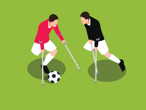 Amputee Soccer Players on Crutches Playing Football Match 3d isometric vector illustration