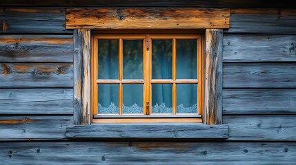 Obraz premium Rustic Wooden Window with Curtains on a Weathered Cabin Wall.