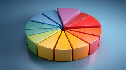 Obraz premium Colorful pie chart with sliced segments on a soft blue background representing data visualization and business analytics concept for presentations