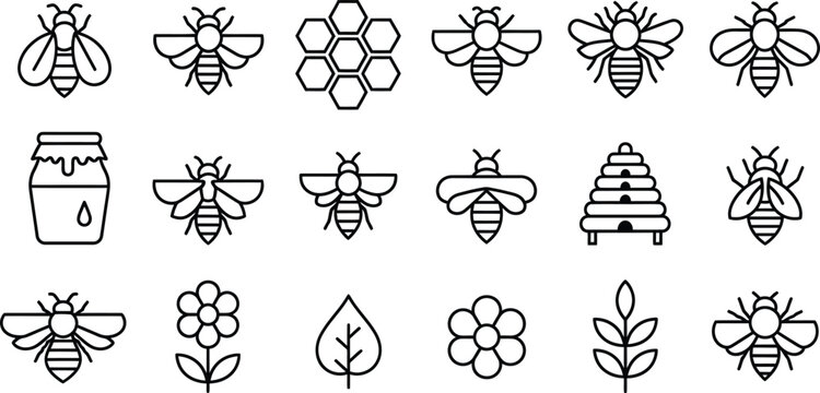 Bee and apiary silhouette icons isolated on transparent background