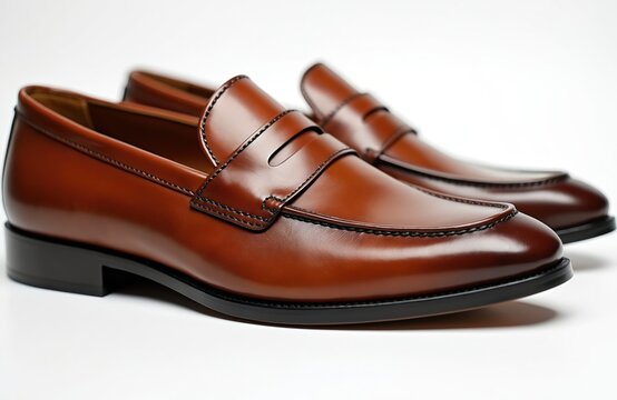 Shiny brown leather penny loafers for men. Classic formal footwear with stitched detailing on a white studio background. Elegant shoes for business or casual wear.